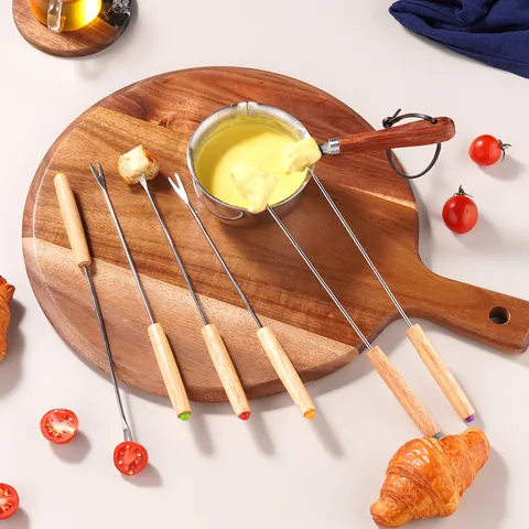Stainless Steel Fondue Forks Set With Oak Wood Handle Color Coded Markers For Cheese Chocolate Party Fruit Forks Dinnerware