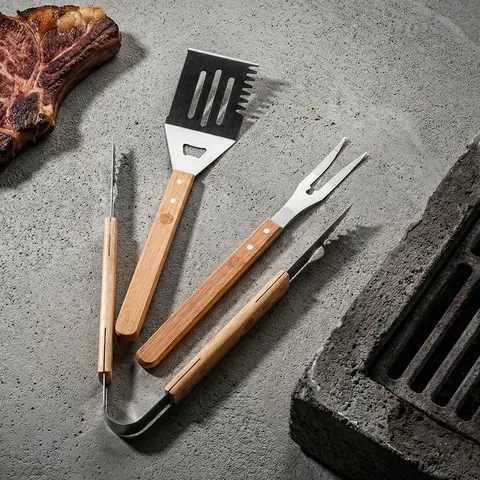 Stainless Steel BBQ Grill Tool Set With Wood Handle Outdoor Barbecue Spatula Fork Tong Cooking Accessories For Camping BBQ