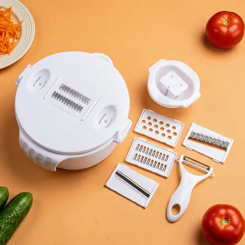 White Multifunctional Vegetable Slicer With Drain Basket Stainless Steel Blades Grater Shredder Kitchen Manual Cutter
