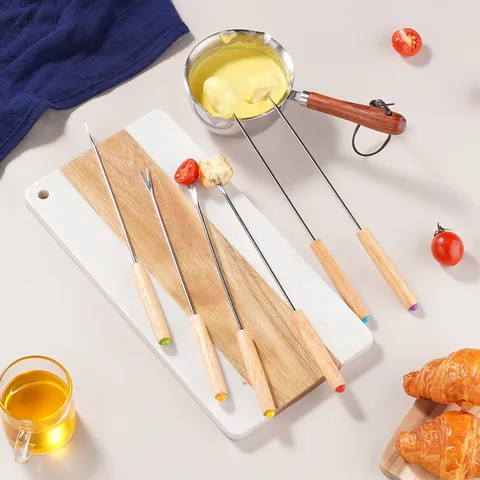 Stainless Steel Fondue Forks Set With Oak Wood Handle Color Coded Markers For Cheese Chocolate Party Fruit Forks Dinnerware