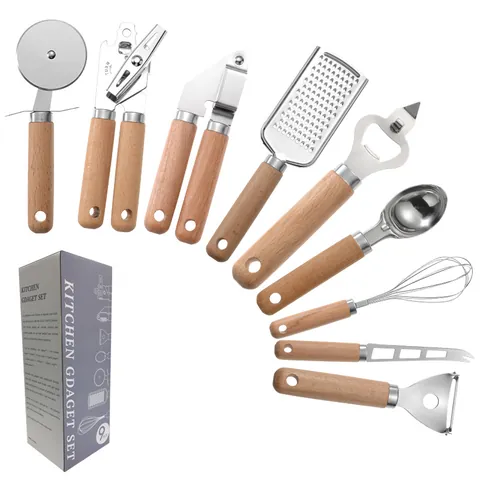 Stainless Steel Kitchen Tool Set With Wooden Handle Pizza Cutter Can Opener Whisk Peeler Grater Bottle Opener Cooking Gadgets