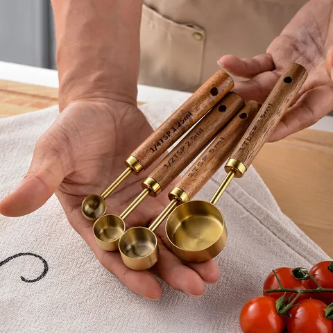 Stainless Steel Measuring Cups And Spoons with Wood Handle Gold Silver Black Kitchen Baking Measuring Tools For Flour Liquid