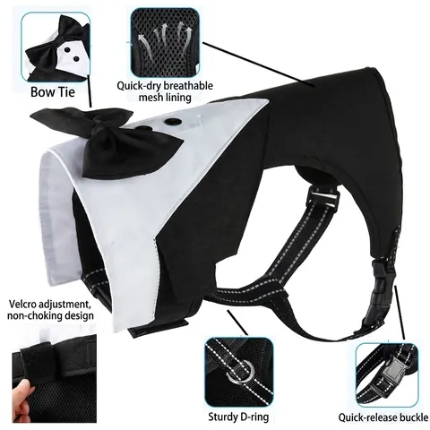 Pet Tuxedo Harness Leash Set Gentleman Suit Bowtie Dog Harness Vest For Wedding Party Birthday Small Medium Large Dogs
