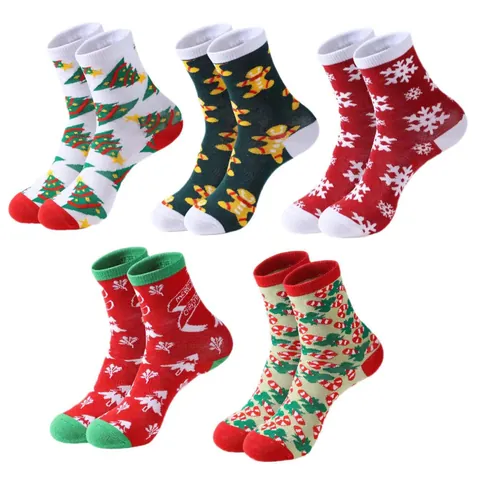 Christmas Mid-Calf Socks Unisex Autumn Winter Warm Polyester Spandex Knitted Socks Festive Reindeer Snowflake Pattern Holiday Gift Socks