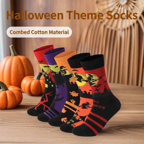 Halloween Combed Cotton Mid-Calf Socks For Men Women Witch Ghost Bat Pumpkin Pattern Breathable Soft Trendy Crew Socks