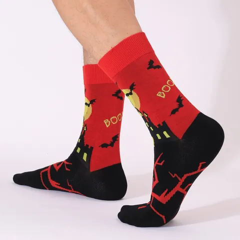 Halloween Combed Cotton Mid-Calf Socks For Men Women Witch Ghost Bat Pumpkin Pattern Breathable Soft Trendy Crew Socks