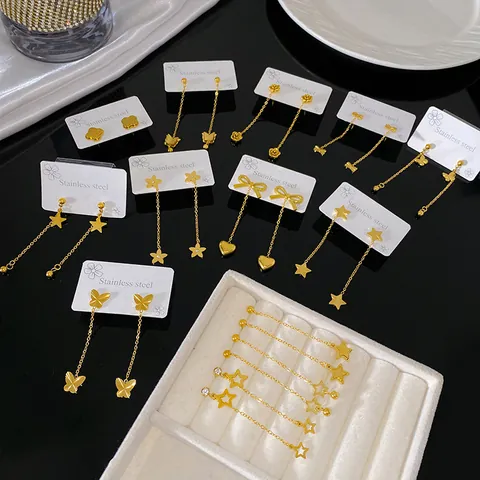 Pendientes Colgantes de Borla de Acero Inoxidable para Mujer Oro Mate Mariposa Corazón Flor Estrella Circonia Joyería