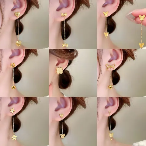 Pendientes Colgantes de Borla de Acero Inoxidable para Mujer Oro Mate Mariposa Corazón Flor Estrella Circonia Joyería