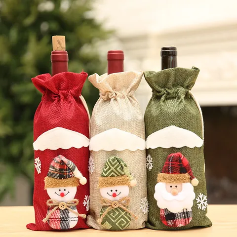 Christmas Wine Bottle Cover Non-Woven Fabric Burlap Look Santa Claus Snowman Elk Pattern Drawstring Decorative Reusable Bottle Bag For Xmas Dining Table Party Home Decor