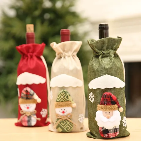 Christmas Wine Bottle Cover Non-Woven Fabric Burlap Look Santa Claus Snowman Elk Pattern Drawstring Decorative Reusable Bottle Bag For Xmas Dining Table Party Home Decor