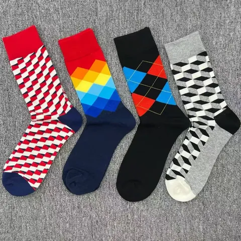 Men Fashion Cotton Crew Socks Colorful Argyle Checkerboard Pattern Socks Trendy Happy Style Breathable Casual Daily Sports Socks
