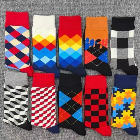 Men Fashion Cotton Crew Socks Colorful Argyle Checkerboard Pattern Socks Trendy Happy Style Breathable Casual Daily Sports Socks