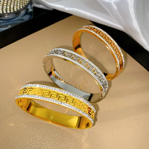 Retro Greek Key Titanium Steel Bangle For Women Gold Silver Plated Rhinestone Inlaid Meander Pattern Bracelet Jewelry