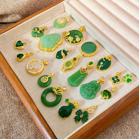 New Chinese Style Pendant Necklace Titanium Steel Copper Zirconia Green Imitation Jade Gourd Buddha Flower Design Jewelry For Women