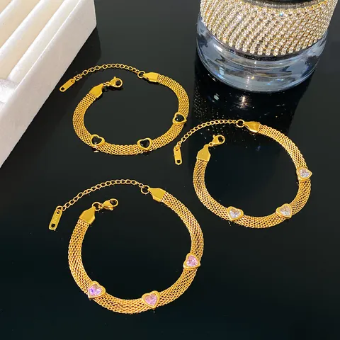 Gold Plated Stainless Steel Mesh Bracelet For Women Light Luxury Heart Zirconia Charm Adjustable Chain Fashion Jewelry Gift