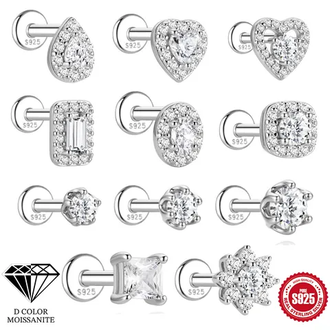 925 Sterlingsilber Moissanit Piercing Ohrring D Farbe Flacher Rücken Labret Stecker Geometrisch Punk Stil Damen Schmuck GRA