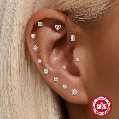 925 Sterlingsilber Moissanit Piercing Ohrring D Farbe Flacher Rücken Labret Stecker Geometrisch Punk Stil Damen Schmuck GRA