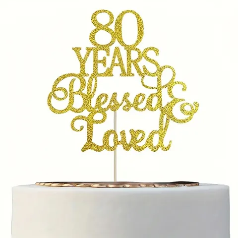 Gold Glitter Blessed And Loved Cake Topper Double Sided Gold Powder Birthday Anniversary Cake Insert For Party Decoration