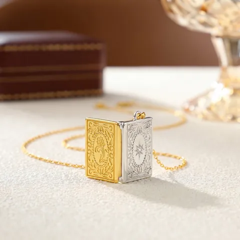 925 Sterlingsilber Vintage Buch Medaillon Halskette Graviertes Blumen Sternenstrahl Zu Öffnende Fotobox Strass Anhänger Schmuck