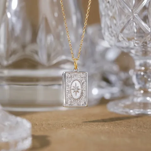 925 Sterlingsilber Vintage Buch Medaillon Halskette Graviertes Blumen Sternenstrahl Zu Öffnende Fotobox Strass Anhänger Schmuck