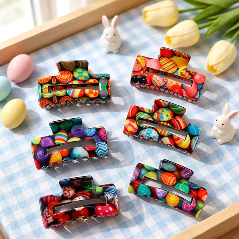 Pinza para el Pelo con Patrón de Huevo de Pascua PVC Clip Cuadrado Grande para Mujer Accesorios Festivos