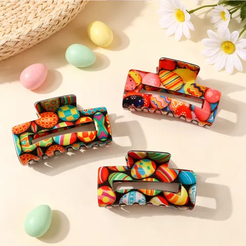 Pinza para el Pelo con Patrón de Huevo de Pascua PVC Clip Cuadrado Grande para Mujer Accesorios Festivos