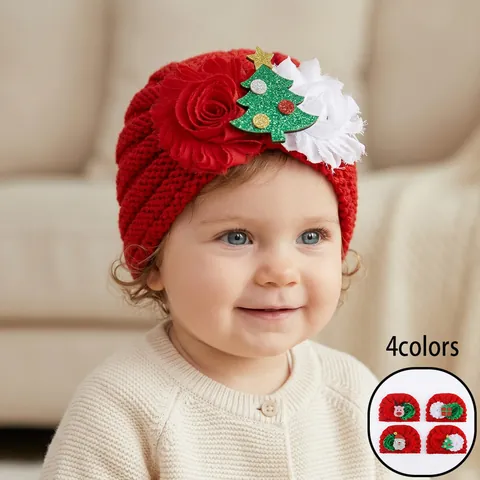 Weihnachten Baby Turban Mütze Niedliche Neugeborene Strickmütze Warme Kinder Wintermütze Mit Blumen Glitzer Weihnachtsmann Dekor