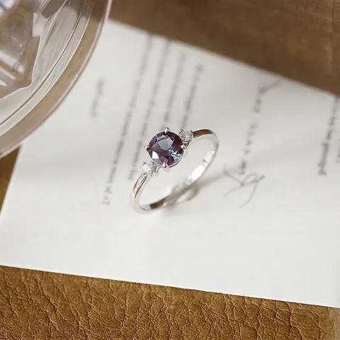 925 Sterling Silver Cultured Alexandrite Ring For Women Minimalist Geometric Round Cut Color Changing Gemstone Jewelry