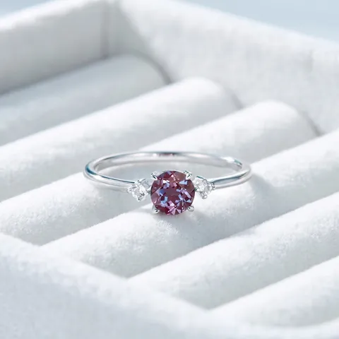 925 Sterling Silver Cultured Alexandrite Ring For Women Minimalist Geometric Round Cut Color Changing Gemstone Jewelry