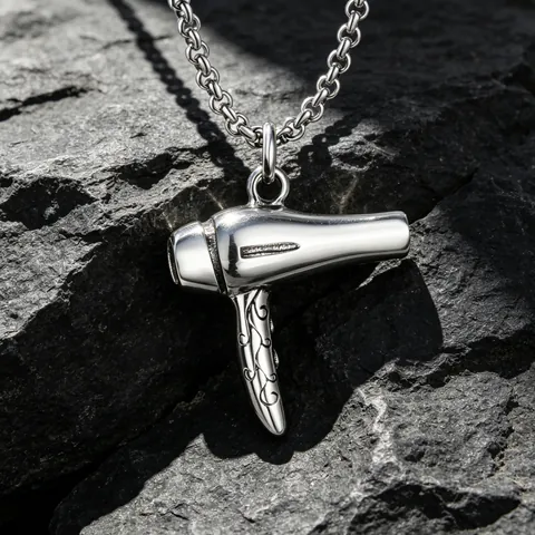 Kreativer Haartrockner Form Anhänger Halskette Punk Edelstahl Schmuck Für Herren Friseur Stylist Geschenk Silber Farbe
