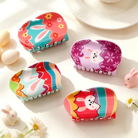 Pinza de Pelo de PVC de Dibujos Animados Conejito de Pascua Grande Flor Linda Patrón de Arco Iris Accesorios de Estilo Mujeres
