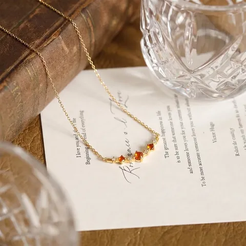 925 Sterling Silver Orange Garnet Necklace For Women Retro Geometric 10K Gold Plated Zirconia Inlaid Clavicle Chain Jewelry