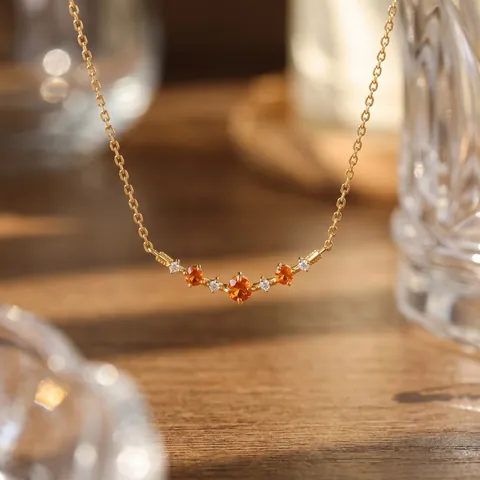 Collier en Argent Sterling 925 avec Grenat Orange pour Femme Rétro Géométrique Plaqué Or 10K Zirconia Incrusté Bijoux