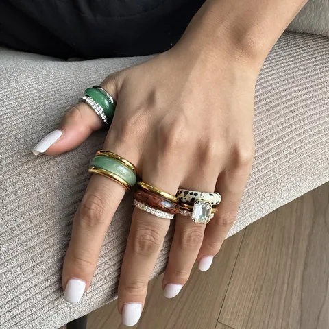 Stainless Steel Natural Stone Stackable Ring Set For Women 18K Gold Plated Rhinestone Geometric Finger Ring Jewelry Gift