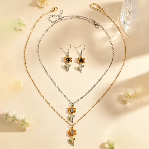 Sunflower Pendant Necklace And Flower Earrings Alloy Resin Faux Artificial Pearl Enamel Crystal Fashion Jewelry For Women