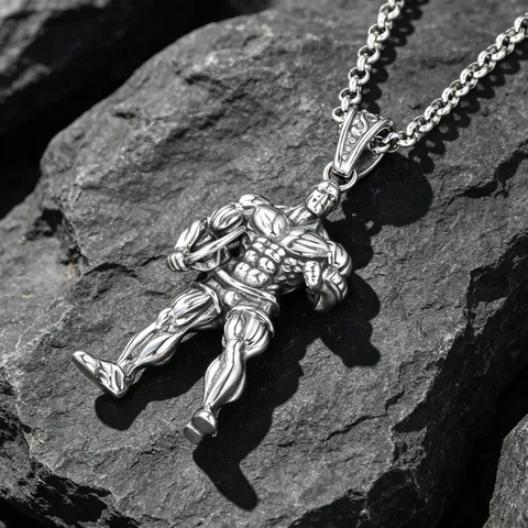 Titanium Stainless Steel Muscle Man Bodybuilder Pendant Necklace For Men Polished Gym Fitness Sports Jewelry Gift
