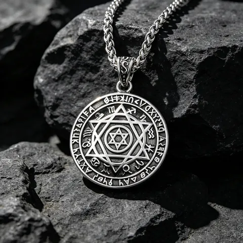 Vintage Stainless Steel Hexagram Star Pendant Necklace For Men Zodiac Signs Runes Engraved Round Medal Punk Jewelry Gift