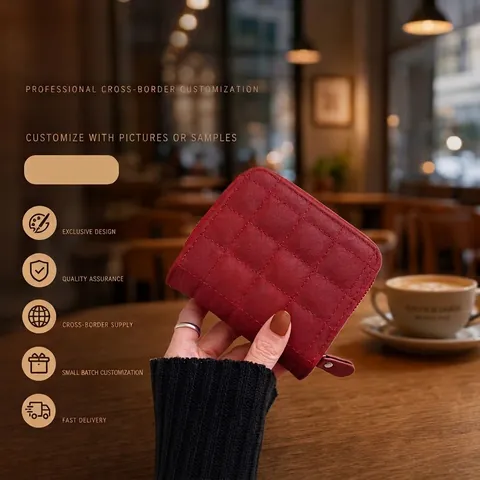 Quilted PU Leather Short Wallet With Zipper Closure For Women Mini Portable Coin Purse Cute Card Holder Student Bag