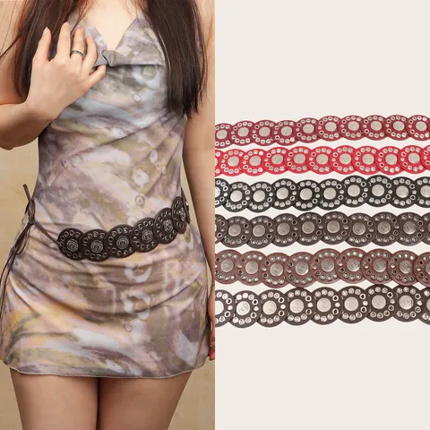 Women's Bohemian Vintage PU Leather Waist Belt Punk Metal Coin Circular Disc Tied Waist Chain Fashion Ethnic Style Adjustable Belt
