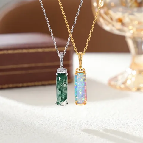 925 Sterling Silver Geometric Cylinder Artificial Opal Pendant Necklace With Rhinestone For Women Moss Agate Gemstone Jewelry