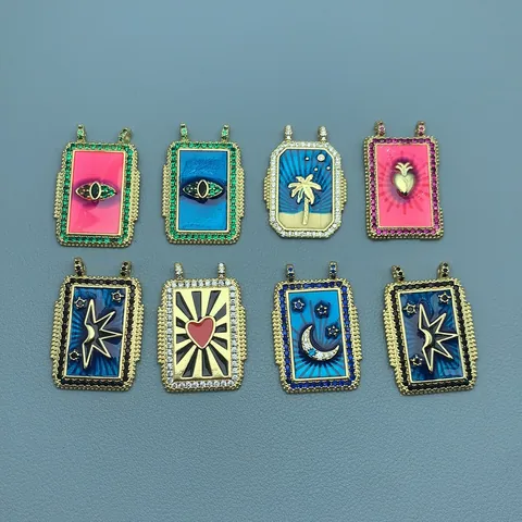 Retro Copper Enamel Evil Eye Heart Palm Tree Square Pendant For DIY Necklace Jewelry Making 18K Gold Plated Rhinestone Charms
