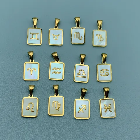 Minimalist 12 Zodiac Signs Pendant Necklace Stainless Steel 18K Gold Plated Shell Inlay Rectangular Charm Jewelry For Women