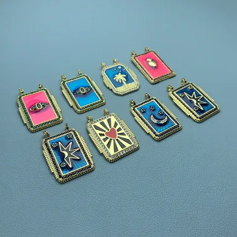 Retro Copper Enamel Evil Eye Heart Palm Tree Square Pendant For DIY Necklace Jewelry Making 18K Gold Plated Rhinestone Charms