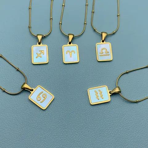 Minimalist 12 Zodiac Signs Pendant Necklace Stainless Steel 18K Gold Plated Shell Inlay Rectangular Charm Jewelry For Women