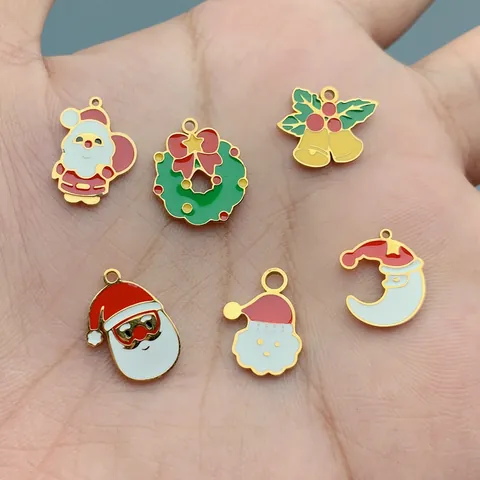 Christmas DIY Charms Stainless Steel Gold Plated Enamel Santa Claus Bell Wreath Shapes For Necklace Bracelet Making Jewelry Accessories