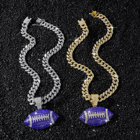 Collana Hip Hop Iced Out da Uomo con Ciondolo Football Americano Blu Profondo Lega di Zinco Strass Catena Cubana Gioielli