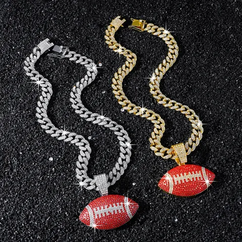 Collar de Colgante de Rugby Football Hip Hop Iced Out para Hombre Aleación de Zinc Strass Cadena Cubana Oro Plata