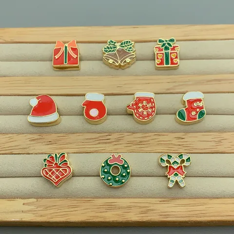 Christmas Enamel Copper Large Hole Beads For DIY Jewelry Making Red Green Gold Drip Oil Charms For Bracelet Festive Gift