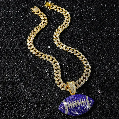 Collana Hip Hop Iced Out da Uomo con Ciondolo Football Americano Blu Profondo Lega di Zinco Strass Catena Cubana Gioielli