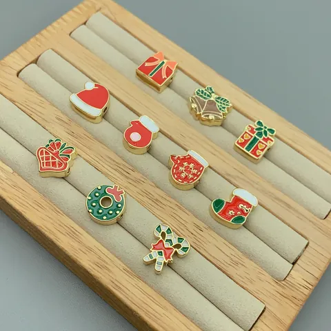 Christmas Enamel Copper Large Hole Beads For DIY Jewelry Making Red Green Gold Drip Oil Charms For Bracelet Festive Gift